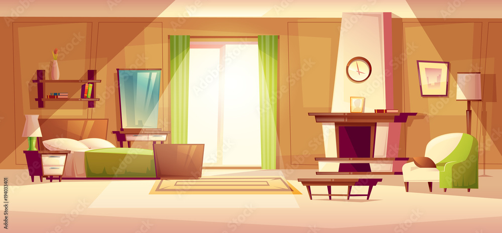 Vector cartoon illustration of cozy modern bedroom, living room with double  bed, fireplace, armchair, bookshelf, dresser, carpet, interior inside.  Colorful background, apartment concept with furniture Stock Vector | Adobe  Stock