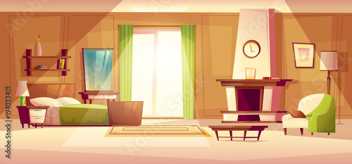 Vector cartoon illustration of cozy modern bedroom, living room with double bed, fireplace, armchair, bookshelf, dresser, carpet, interior inside. Colorful background, apartment concept with furniture