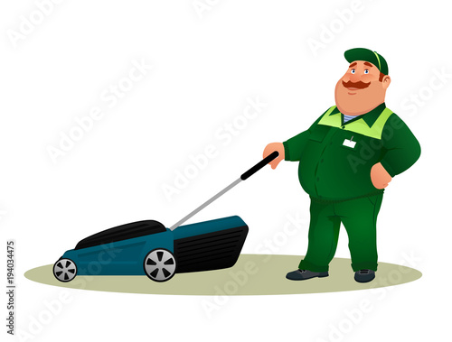 Funny cartoon farmer with lawn mower. Smiling fat character gardener man in green suit cutting grass isolated on white background. Happy flat worker from lawn care service Colorful vector illustration