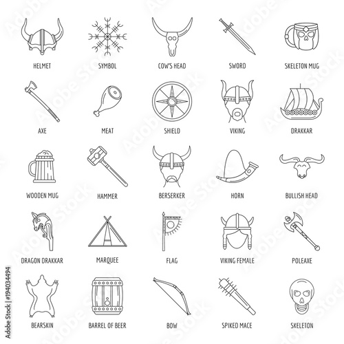 Ancient warriors of the Vikings on the ship isolated on white background. Outfit and symbols of the Vikings.Vikings icon in set collection on outline style vector symbol stock illustration.