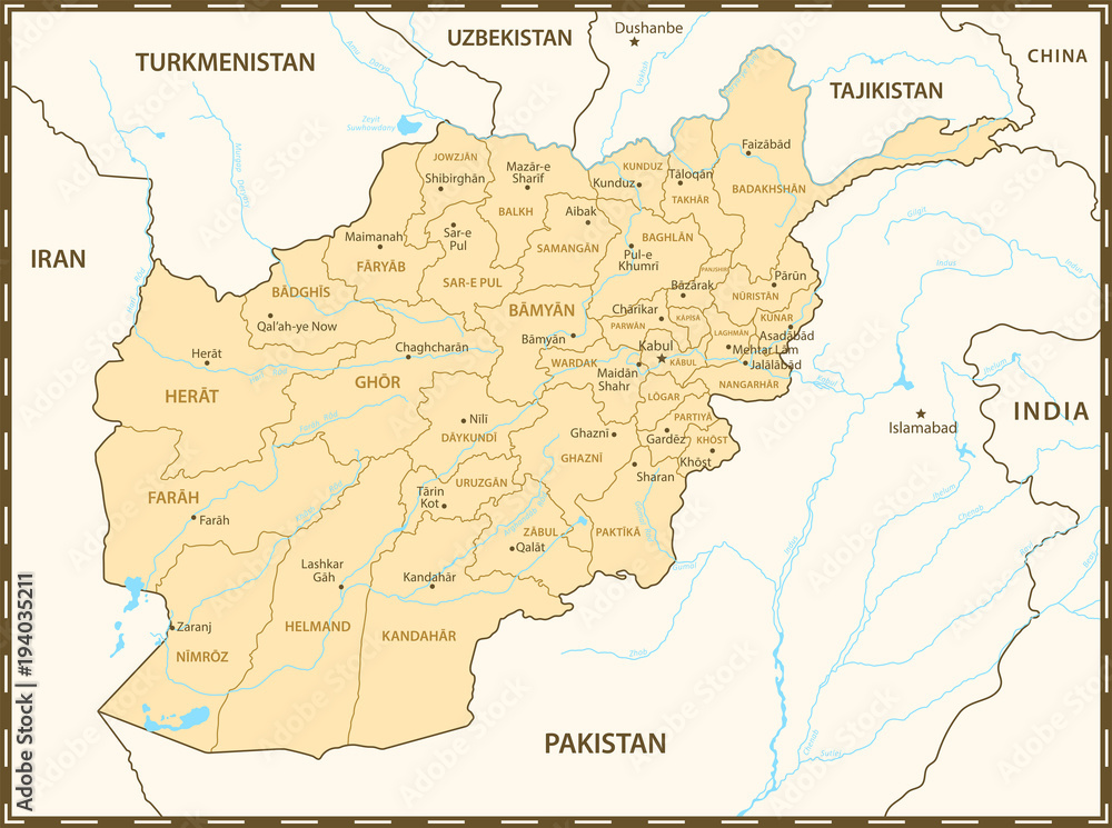 Afghanistan map with neighboring countries and rivers. Administrative division of regions.