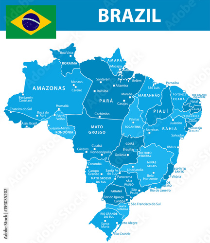 Brazil map with administrative devision on regions, cities