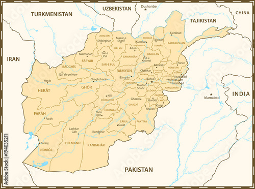 Afghanistan map with neighboring countries and rivers. Administrative division of regions.
