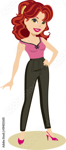 Pretty girl wearing 1980s outfit of pink camisole with black lace, gran pants, and fuschia slingback shoes