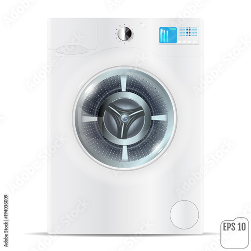 White realistic washing machine isolated over white background. Front View.
