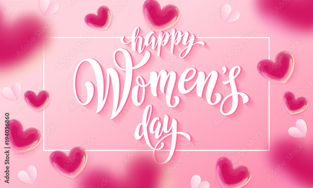 Happy women's day banner with ballon heart on romantic pink background. Vector 8 March greetings text poster for mother's day. International women's day flyer background template