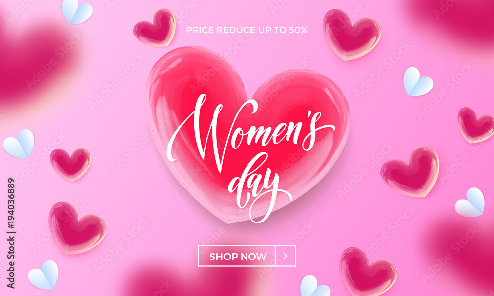 Women's day sale banner with ballon heart background. Vector 8 March sale poster for mother's day sale. International women's day discount offer pink background template for online shop