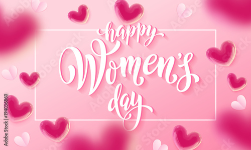 Happy women's day banner with ballon heart on romantic pink background. Vector 8 March greetings text poster for mother's day. International women's day flyer background template