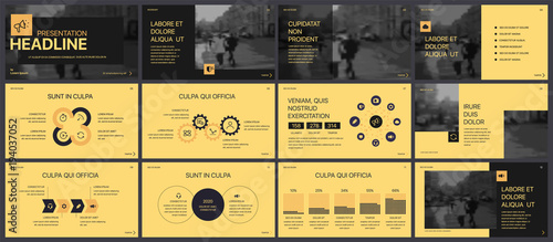 Black presentation templates elements on a yellow background. Vector infographics. Use in Presentation, flyer and leaflet, corporate report, marketing, advertising, annual report, banner.