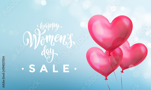 Happy women's day sale banner with ballon heart on romantic blue light bokeh background. Vector 8 March greetings text poster for mother's day sale. International women's day discount flyer template