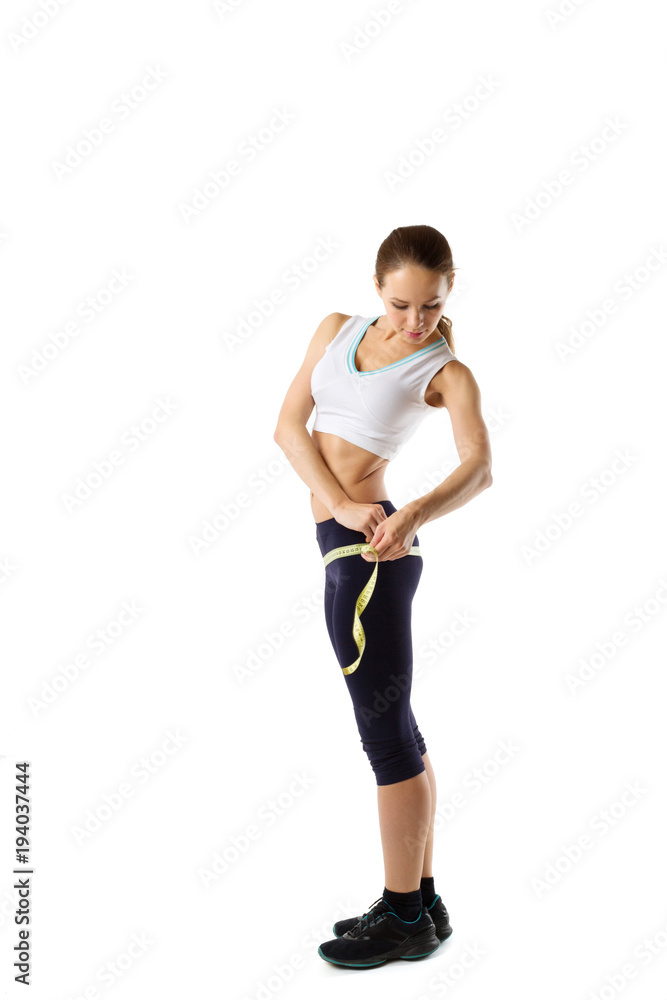 Weight loss, sports girl measuring isolated. Weight loss, sports girl measuring isolated.