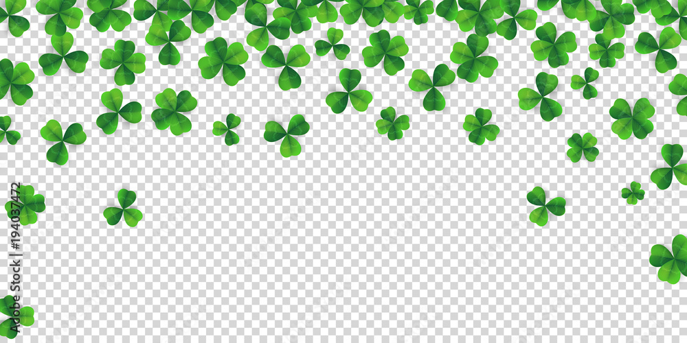 Patrick day background with vector four-leaf clover pattern background. Lucky fower-leafed green background for Irish beer festival St Patrick's day. Vector green grass clover pattern background