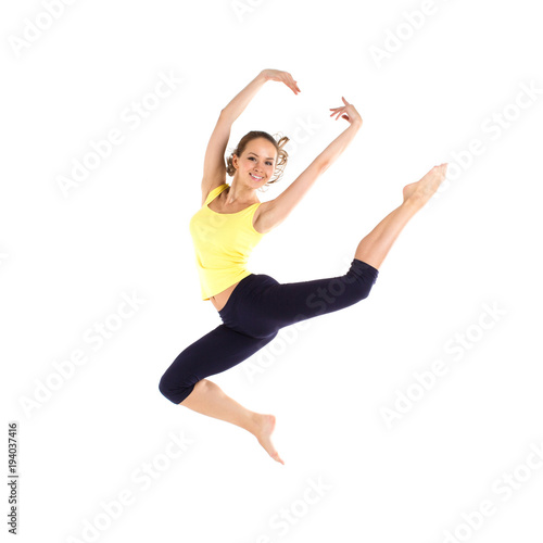 Sports woman jumps. Isolated.