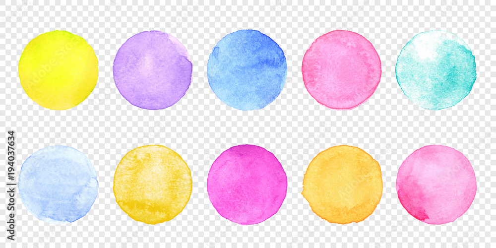 Color watercolor circle set. Vector smear watercolour splash stain on transparent background. Round hand drawn watercolor background with yellow, blue, red, pink, orange, green ink color. - obrazy, fototapety, plakaty 