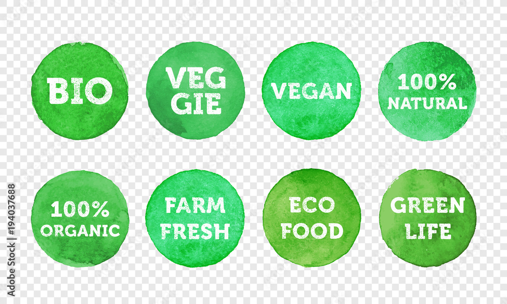 Bio, veggie, farm fresh, vegan, 100% organic and local food product label icon set. Vector green eco symbol for vegetarian banner, sticker tag or logo design. Healthy food badge emblem for packaging Bio, veggie, farm fresh, vegan, 100% organic and local food product label icon set. Vector green eco symbol for vegetarian banner, sticker tag or logo design. Healthy food badge emblem for packaging