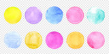 Color watercolor circle set. Vector smear watercolour splash stain on transparent background. Round hand drawn watercolor background with yellow, blue, red, pink, orange, green ink color.