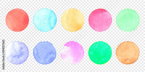 Vector pastel watercolor circle set. Color smear of watercolour splash stain on transparent background. Round hand drawn watercolor background with yellow, blue, red, pink, orange, green ink color.