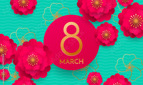 Happy International Women's Day 8 March papercut illustration banner or card. Vector Womens Day background with red 3d paper cut out flowers and number Eight on green background. Origami template