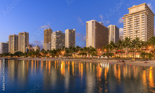 Waikiki Beach at sunset in Honolulu, Oahu, Hawaii © elena_suvorova