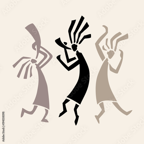 Stylized musicians Dancing figures. Primitive art. Vector illustration.