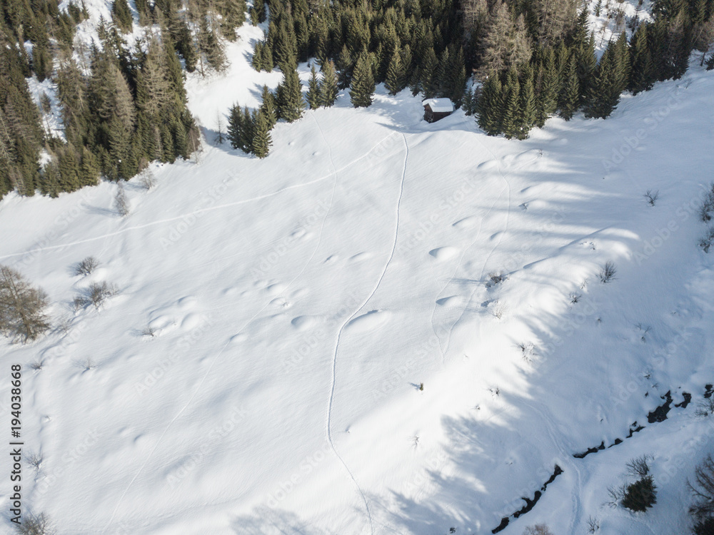 Aerial view of traces in snow in Swiss mountains