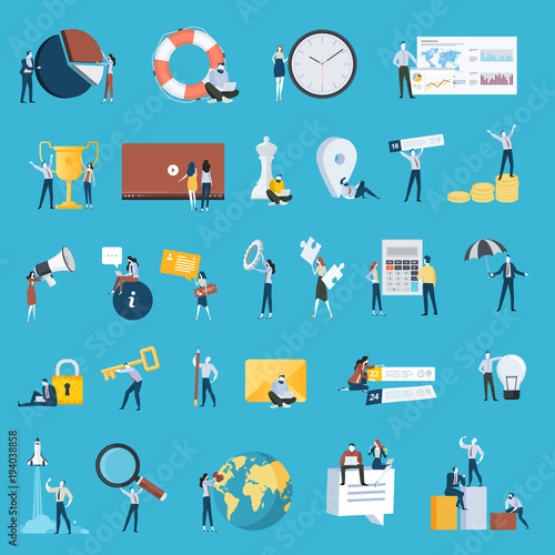 Set of flat design style people icons. Vector illustration concepts for business, strategy, analysis, planning, time management, marketing, startup, business communication, finance, security.  