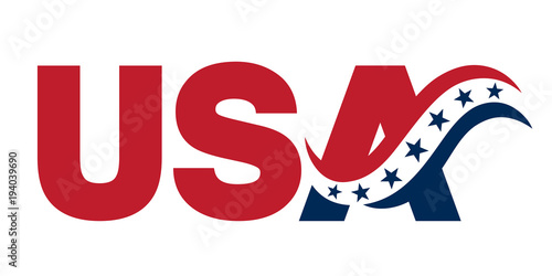 Blue and red USA banner sign with abstract flag and stars. United States of America icon design. Vector illustration.