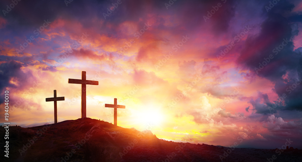 Naklejka premium Crucifixion Of Jesus Christ At Sunrise - Three Crosses On Hill 