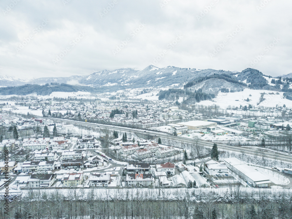 Aerial view of Sonthofen in Germany in snow covered landscape. Winter in town