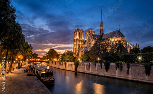 Gorgeous Notre Dame cathedral at night with view of Seine river and bridge, Paris, France