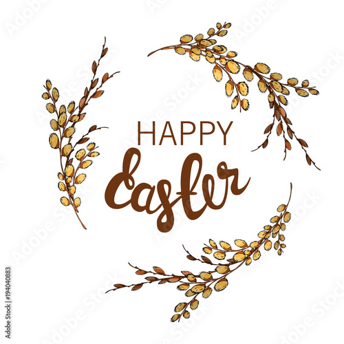Vector illustration of spring willow branches on white background.