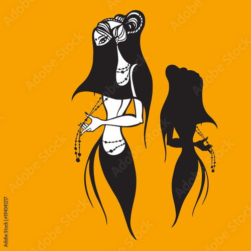 Beautiful muslim woman in black Hijab. Silhouette. Hand drawn vector illustration.