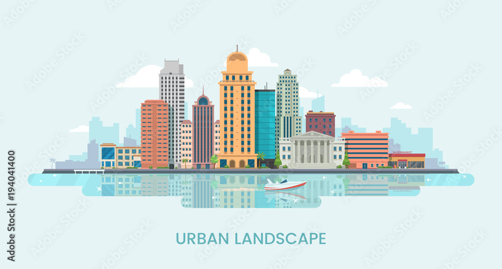 Urban landscape vector illustration. Big city landscape background with skyscrapers on the water's edge. City modern buildings on the shore. Eps 10