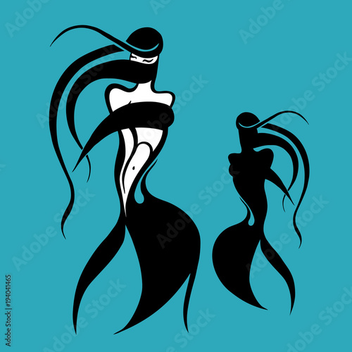 Beautiful muslim woman in black Hijab. Silhouette. Hand drawn vector illustration.