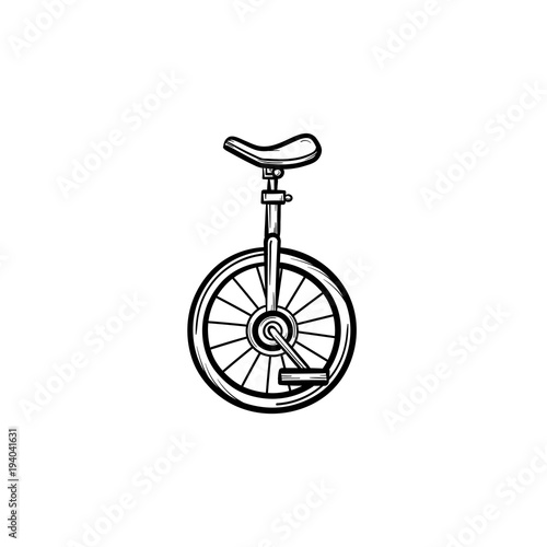 One wheel bicycle hand drawn outline doodle icon. Bicycle with one wheel used in acrobatics performers vector sketch illustration for print, web, mobile and infographics isolated on white background.