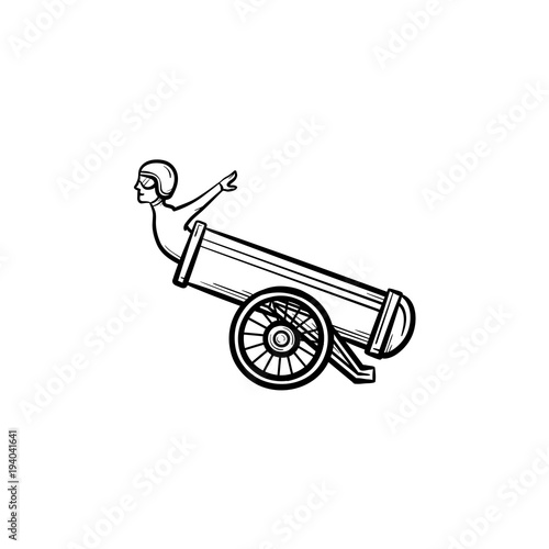 Stuntman in the cannon hand drawn outline doodle icon. Circus trick with stuntman and cannon vector sketch illustration for print, web, mobile and infographics isolated on white background.