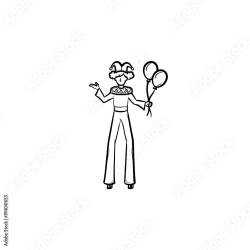 Clown on stilts hand drawn outline doodle icon. Circus performer on walkers vector sketch illustration for print, web, mobile and infographics isolated on white background.