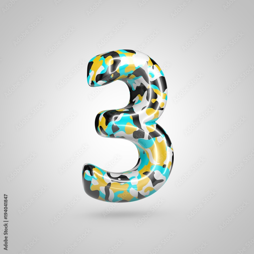 Naklejka premium Camouflage number 3 with cyan, black and yellow camouflage pattern isolated on white background.