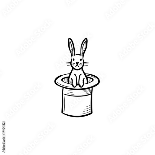Rabbit in a magician hat hand drawn outline doodle icon. Cylinder hat with rabbit vector sketch illustration for print, web, mobile and infographics isolated on white background.