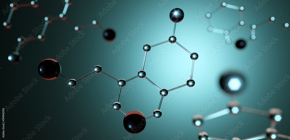 Obraz premium Ilustracja 3D. Model cząsteczki serotoniny, hormon szczęścia.