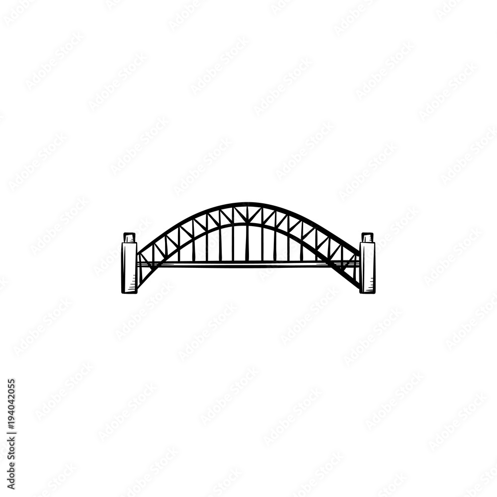 Naklejka premium Bridge hand drawn outline doodle icon. Vector sketch illustration of modern bridge architecture for print, web, mobile and infographics isolated on white background.