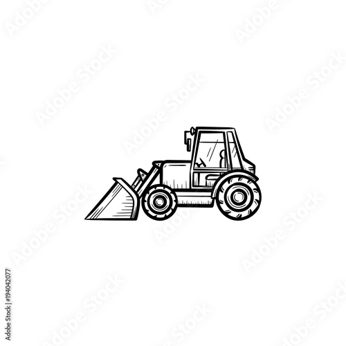 Buldozer with moving backhoe hand drawn outline doodle icon. Buldozer vector sketch illustration for print, web, mobile isolated on white background. Construction industry and machinery concept.