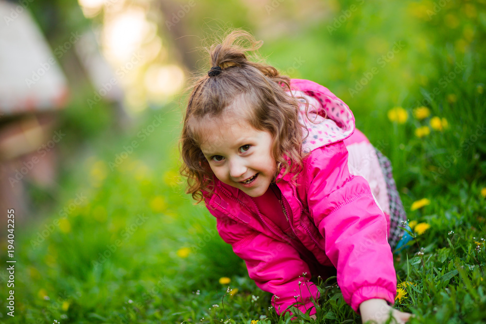 girl in pink jacket crawls along the green grass with yellow dandelions. happy child is playing outside. Curly little girl smiles. girl in pink jacket crawls along the green grass with yellow dandelions. happy child is playing outside. Curly little girl smiles.