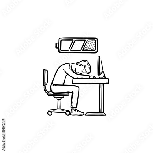 Low battery tired man hand drawn sketch vector icon. Out of power, burnout concept. Low battery symbolize hard working. Outline doodle illustration for print, web, infographics isolated on white