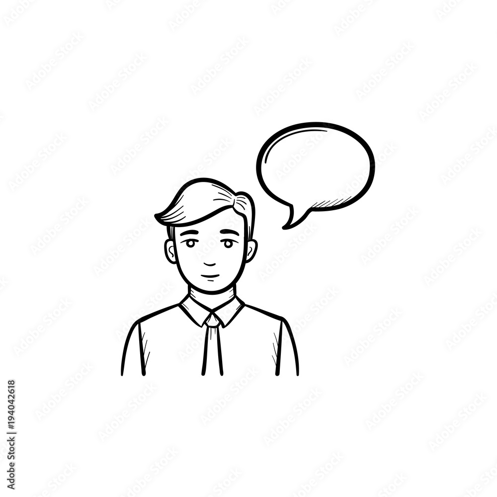 Speaker with speech bubble outline doodle vector icon. Conference speaker sketch illustration for print, web, mobile and infographics isolated on white background. Speaker with speech bubble outline doodle vector icon. Conference speaker sketch illustration for print, web, mobile and infographics isolated on white background.