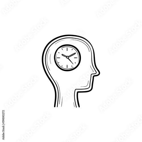 Vector hand drawn Clock in the head outline doodle icon. Human with the clock in the head sketch illustration for print, web, mobile and infographics isolated on white background.