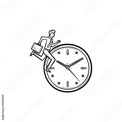 Vector hand drawn clock with running man outline doodle icon. Concept of time changing sketch illustration for print, web, mobile and infographics isolated on white background.