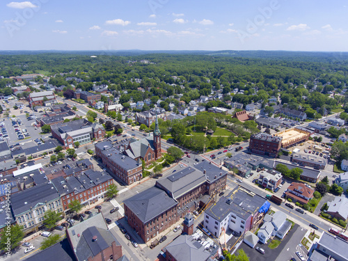 Fototapeta Naklejka Na Ścianę i Meble -  Natick First Congregational Church, Town Hall and Common aerial view in downtown Natick, Massachusetts, USA.