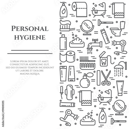 Personal hygiene line banner. Set of elements of shower, soap, bathroom, toilet, toothbrush and other cleaning pictograms. Line out. Simple silhouette. Editable stroke. Vector illustration