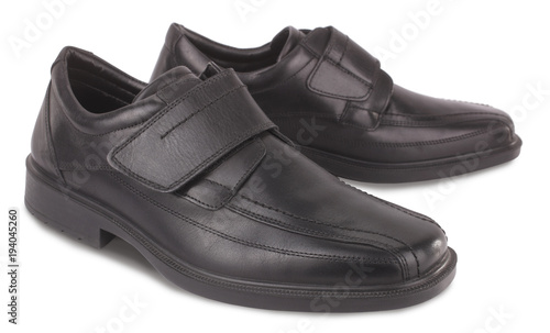 Black leather shoes without laces with velcro straps for men